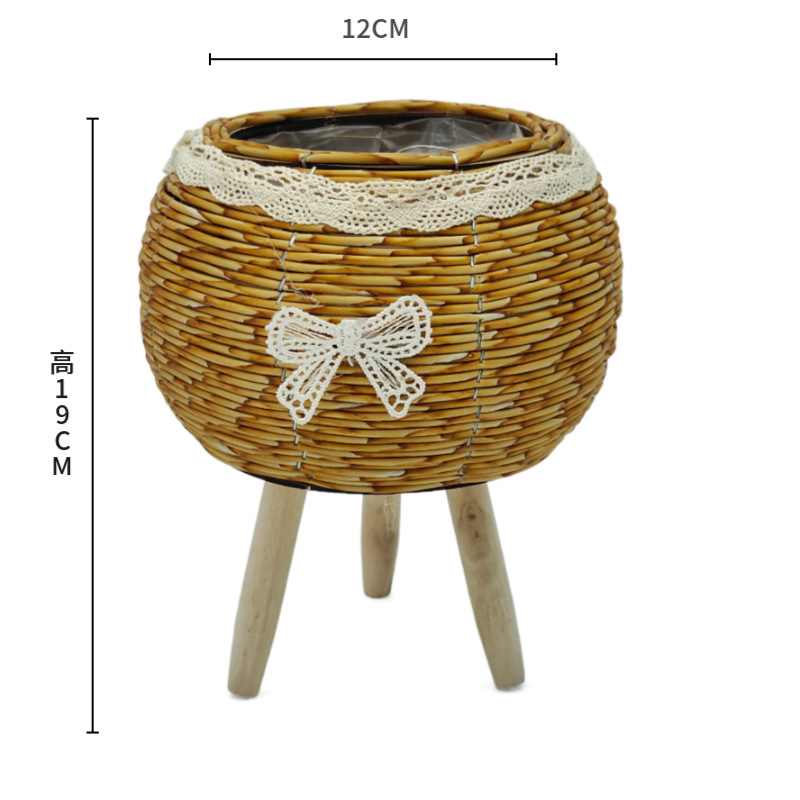 Mini PE Rattan Planter with Wooden Rack - Yellow,Round