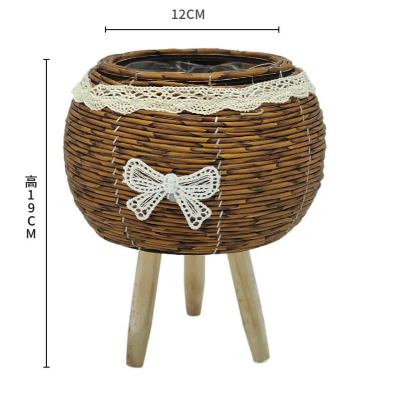 Mini PE Rattan Planter with Wooden Rack - Brown,Round - copy