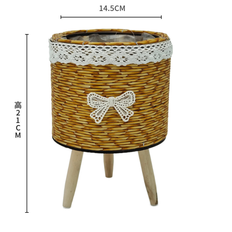 Mini PE Rattan Planter with Wooden Rack - SM1421-Yellow