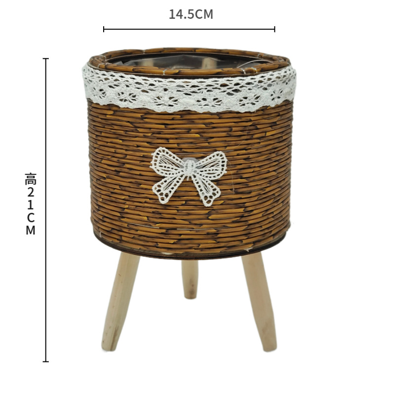 Mini PE Rattan Planter with Wooden Rack - SM14521-Brown