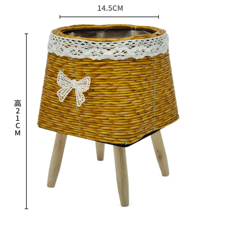 Mini PE Rattan Planter with Wooden Rack - SM1421-Yellow